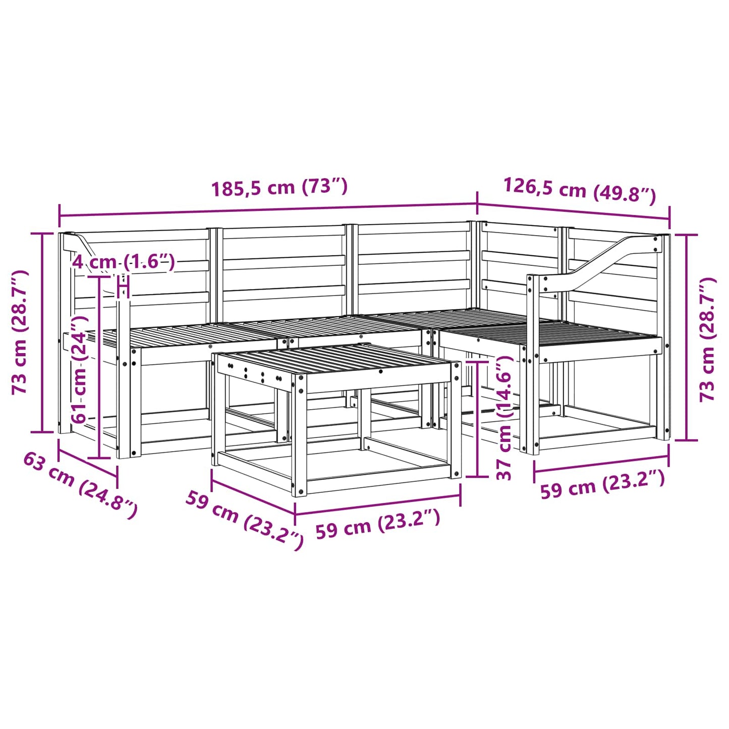 Outdoor Sofa Set 5 pcs White 59 x 59 x 37 cm Solid Acacia Wood