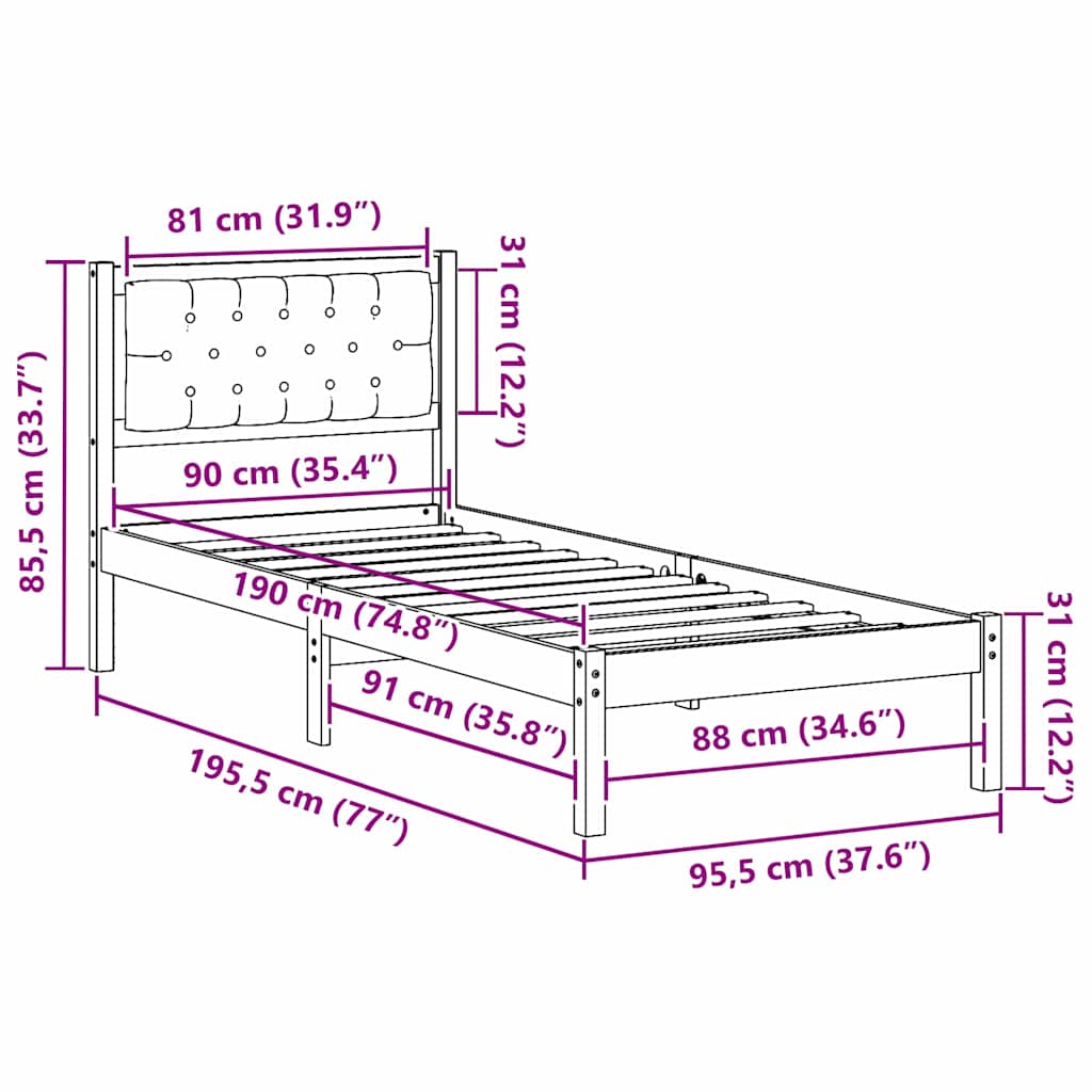 Bed Frame with Headboard Dark Grey 90 x 190 cm Solid Pine Wood