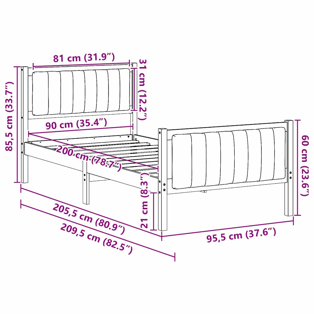 Bed frame White and light grey 90 x 200 cm Solid pine wood