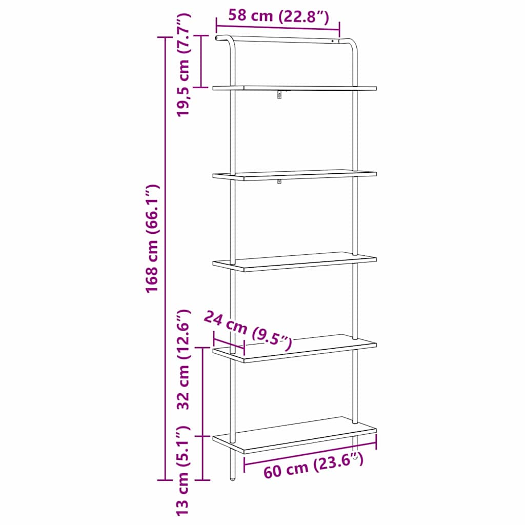 Bookshelf 5-Tier 60 x 24 x 168 cm Engineered wood Artisan Oak