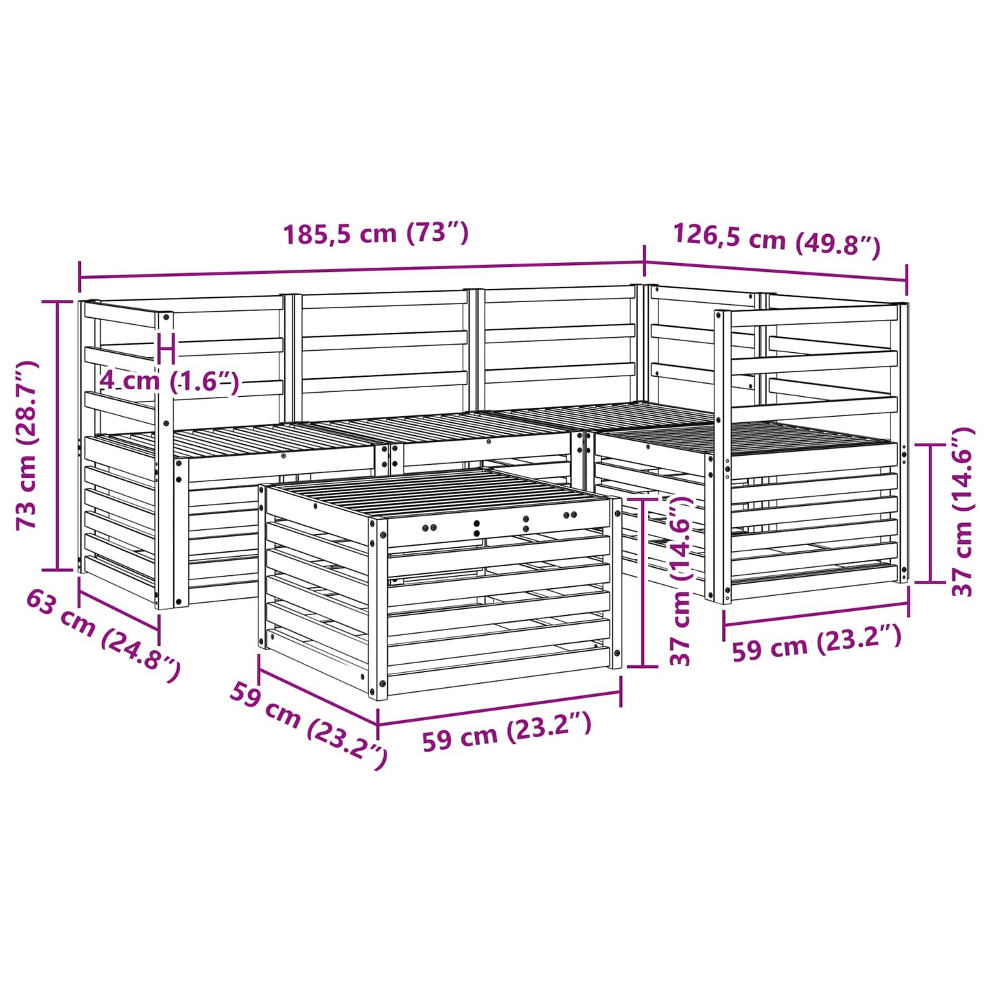 Outdoor Sofa Set 5 pcs White 59 x 59 x 37 cm Solid Acacia Wood
