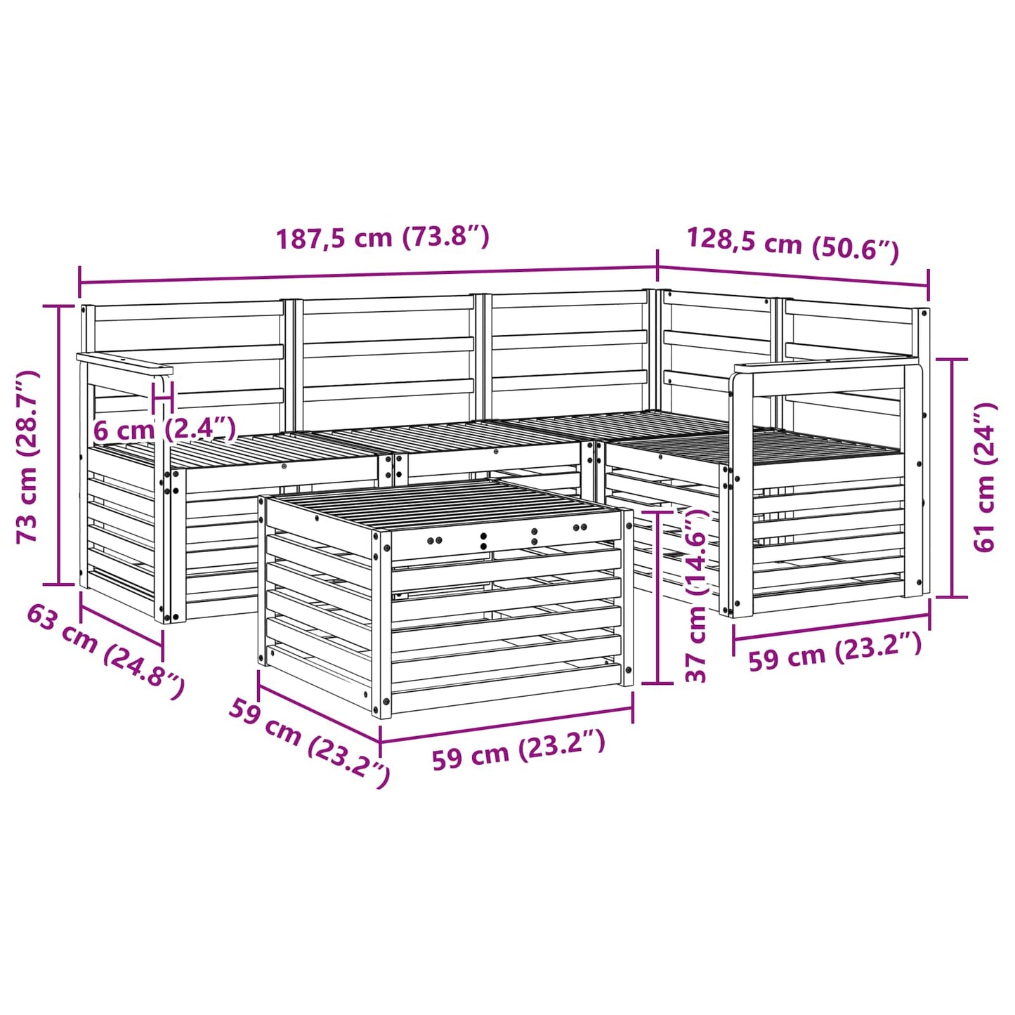 Outdoor Sofa Set 5 pcs White 59 x 59 x 37 cm Solid Acacia Wood