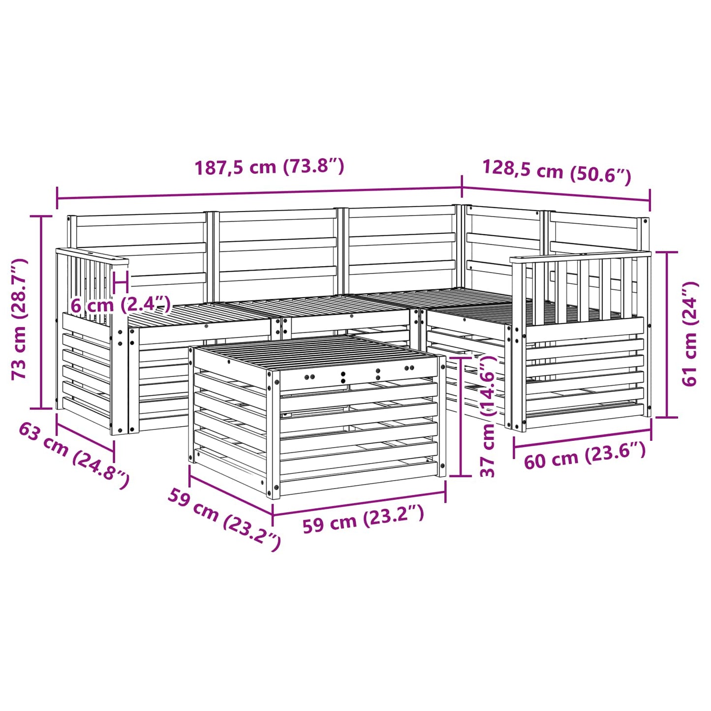 Outdoor Sofa Set 5 pcs White 59 x 59 x 37 cm Solid Acacia Wood