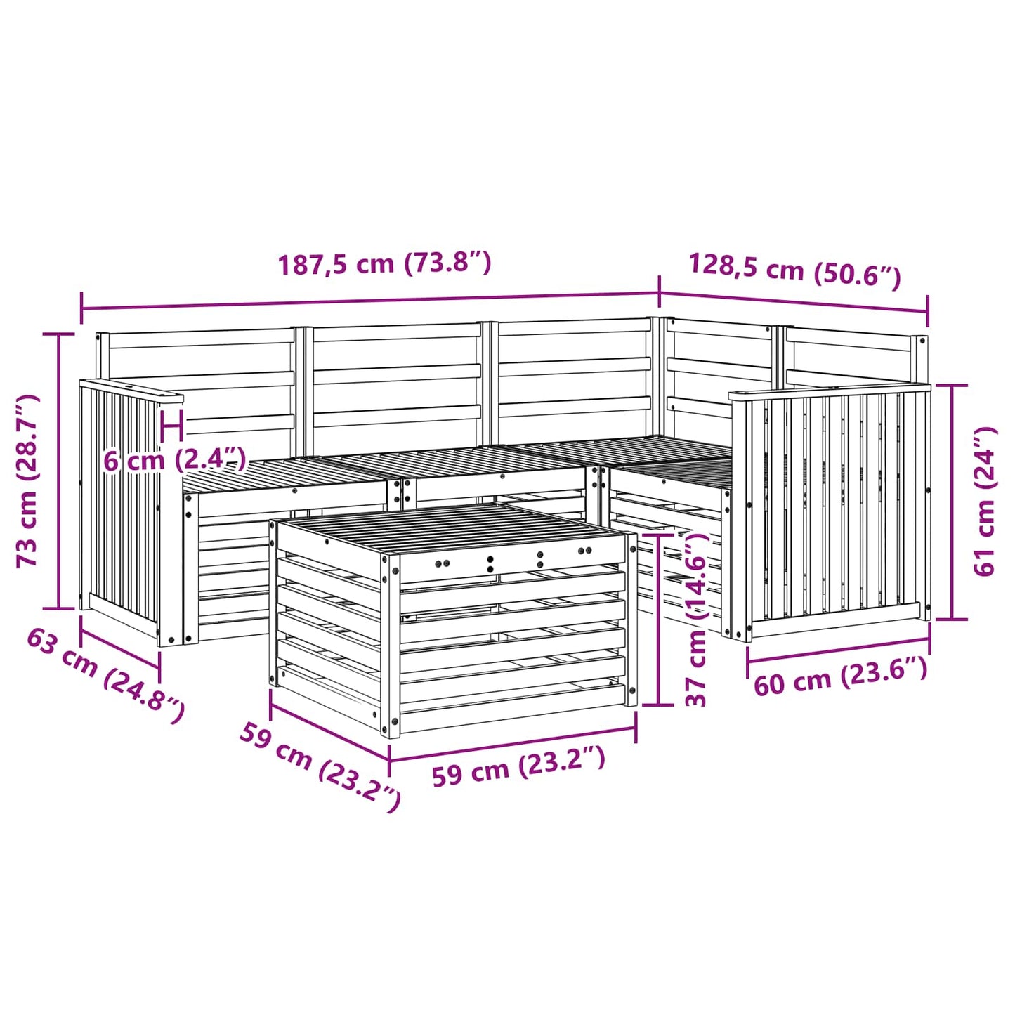 Outdoor Sofa Set 5 pcs White 59 x 59 x 37 cm Solid Acacia Wood