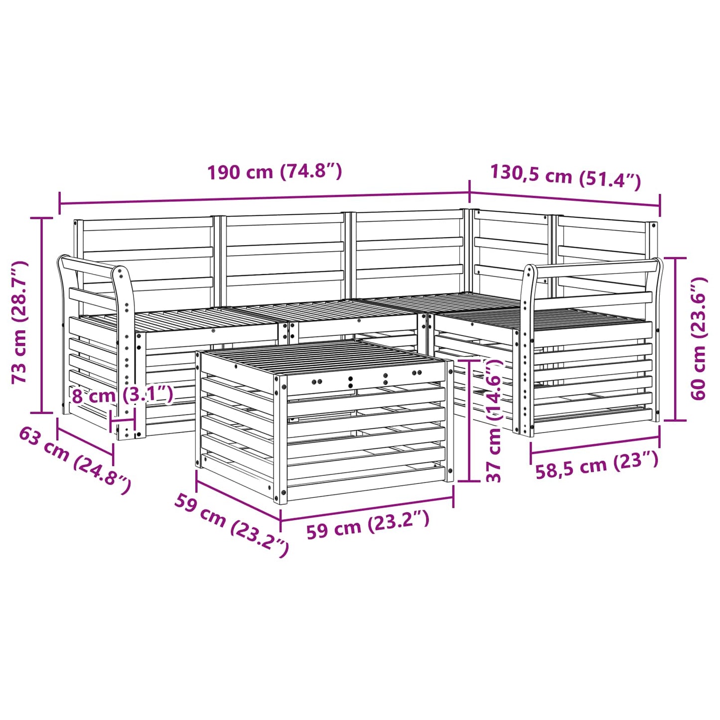 Outdoor Sofa Set 5 pcs White 59 x 59 x 37 cm Solid Acacia Wood