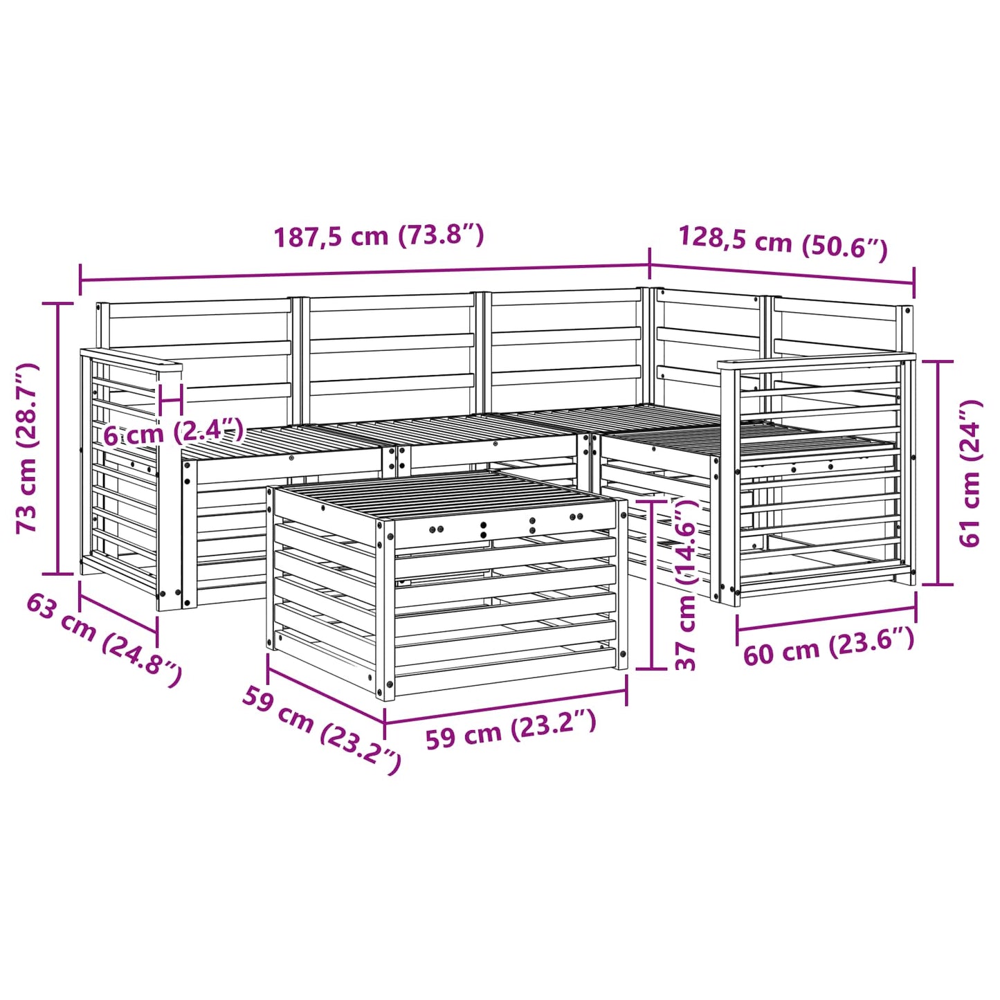 Outdoor Sofa Set 5 pcs White 59 x 59 x 37 cm Solid Acacia Wood
