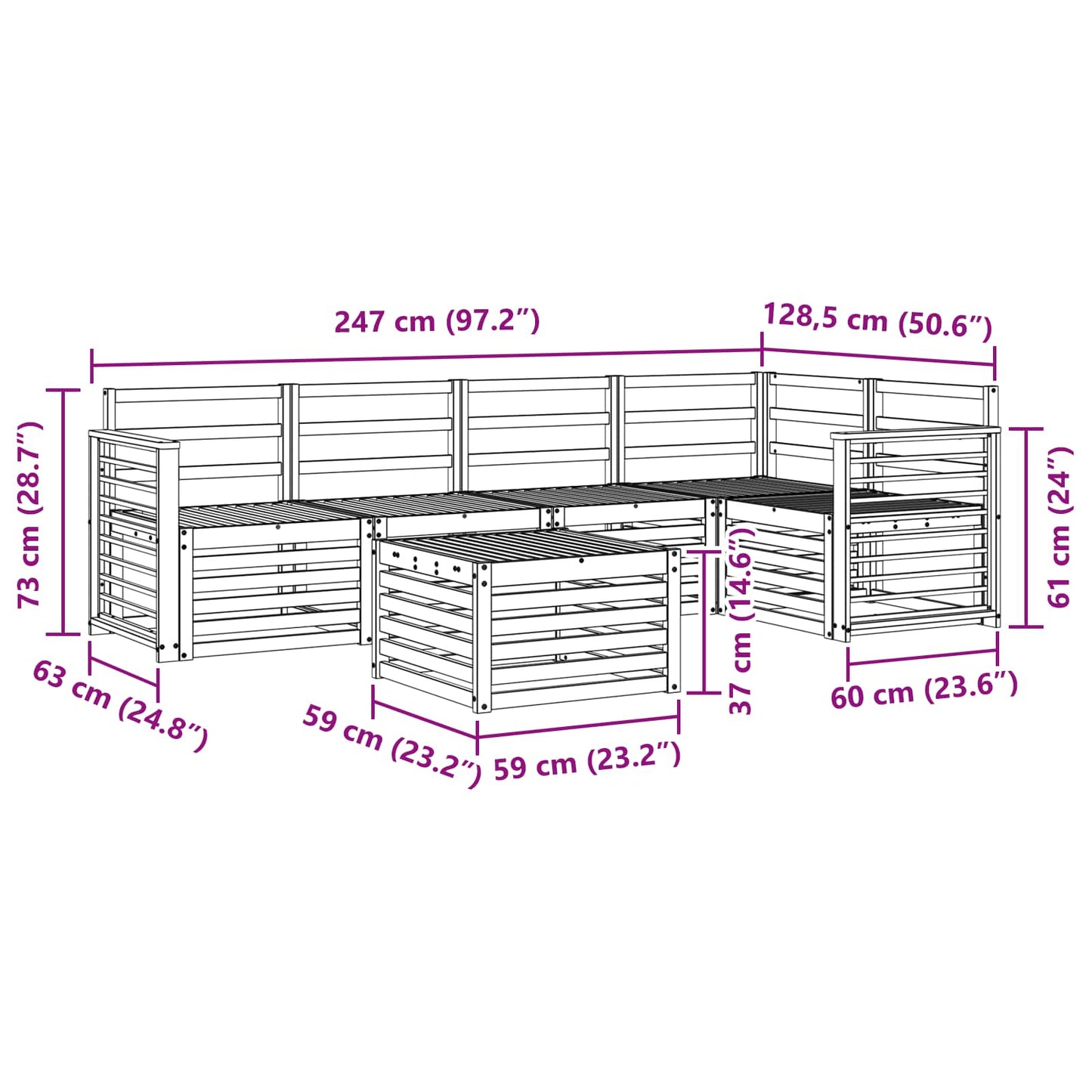 Outdoor Sofa Set 6 pcs White 59 x 59 x 37 cm Solid Acacia Wood