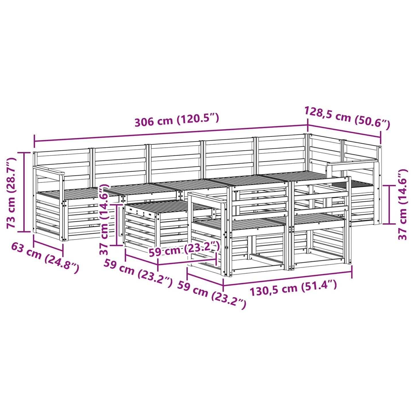 Outdoor Sofa Set 9 pcs White 59 x 59 x 37 cm Solid Acacia Wood