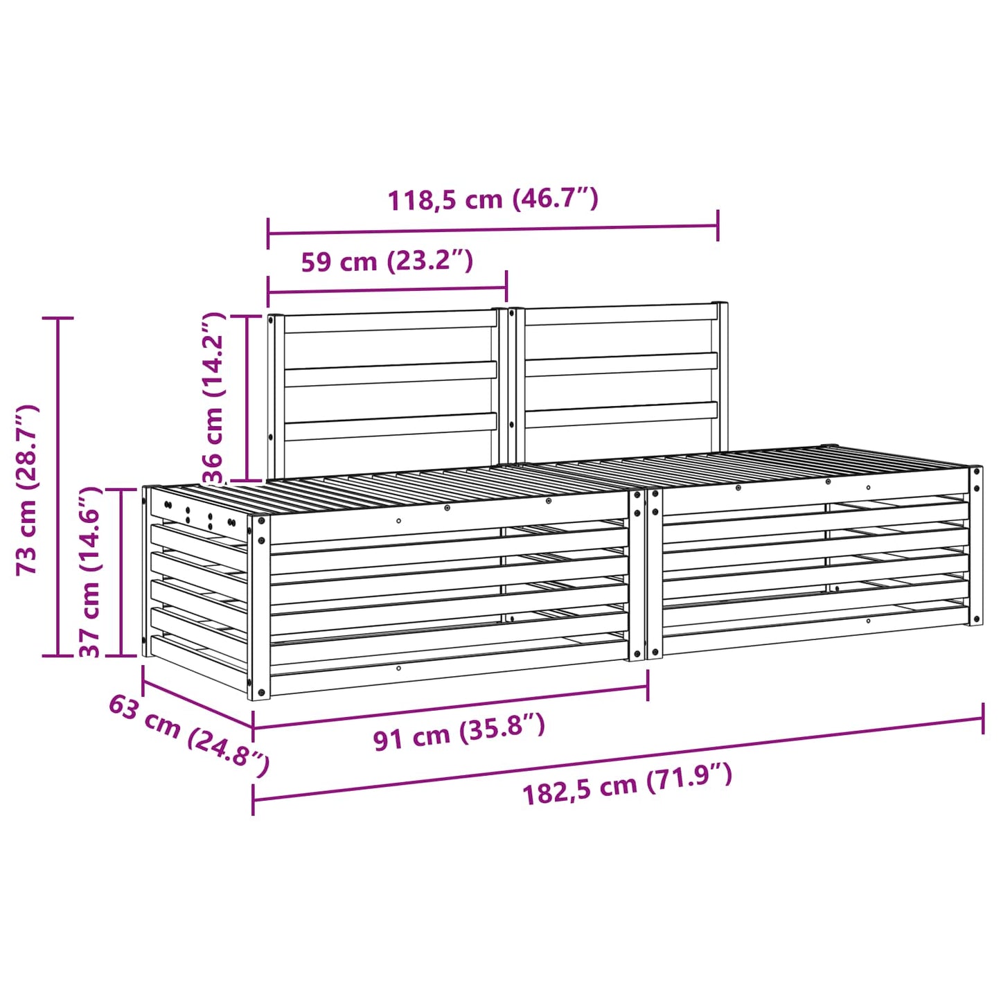 Outdoor Sofa Set 3 Piece White 182.5 x 63 x 73 cm