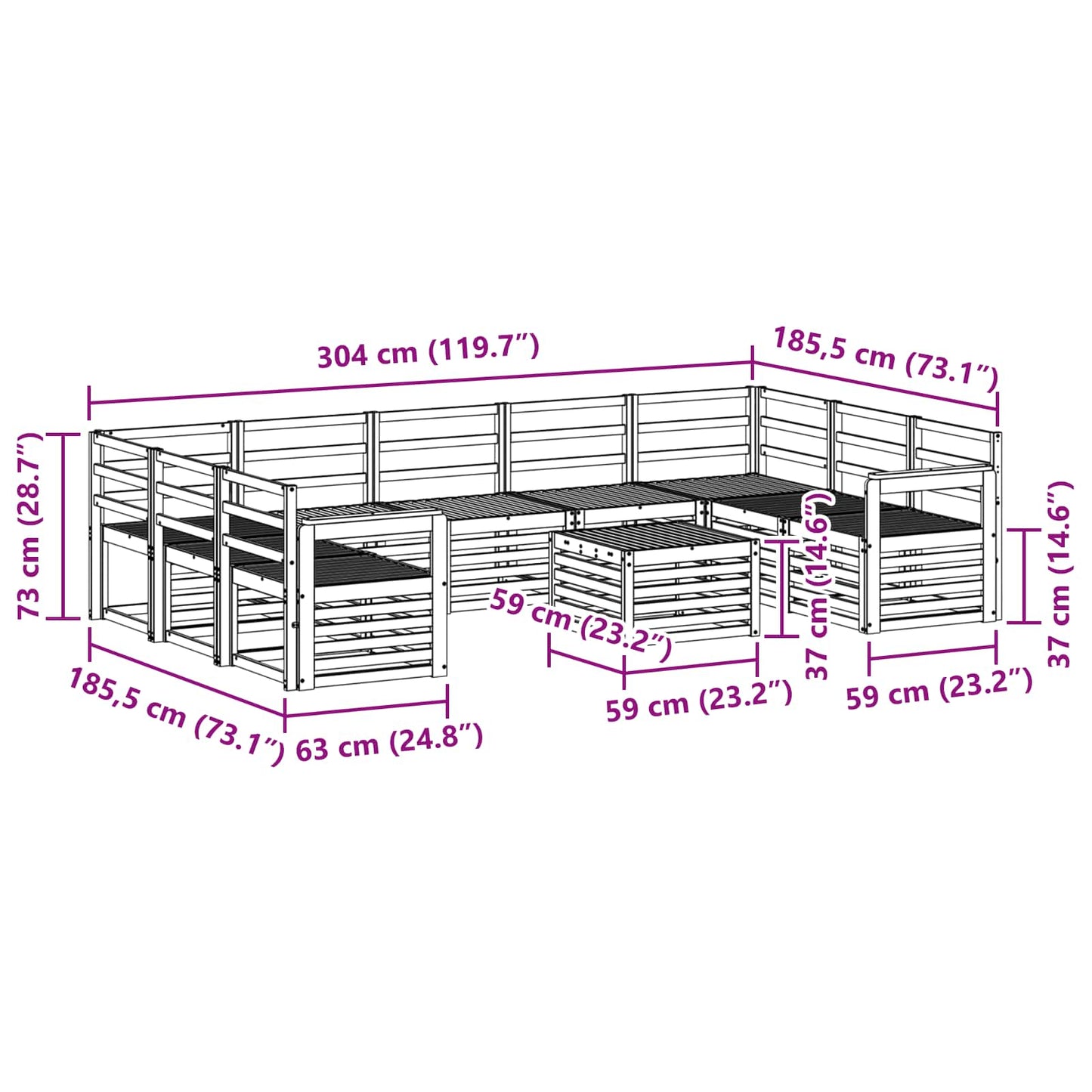 Outdoor Sofa Set 10 pcs White 59 x 59 x 37 cm Solid Acacia Wood
