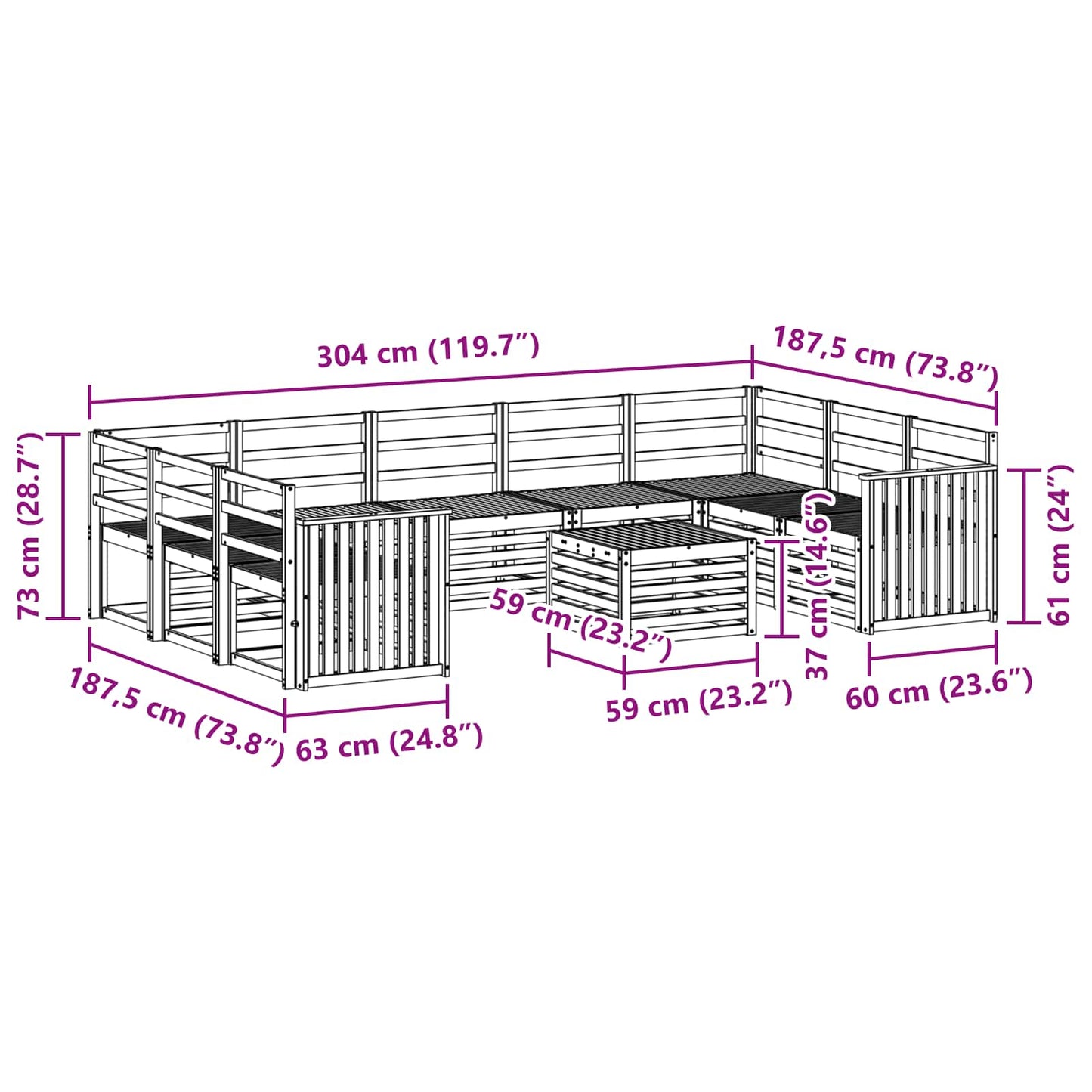 Outdoor Sofa Set 10 pcs White 59 x 59 x 37 cm Solid Acacia Wood