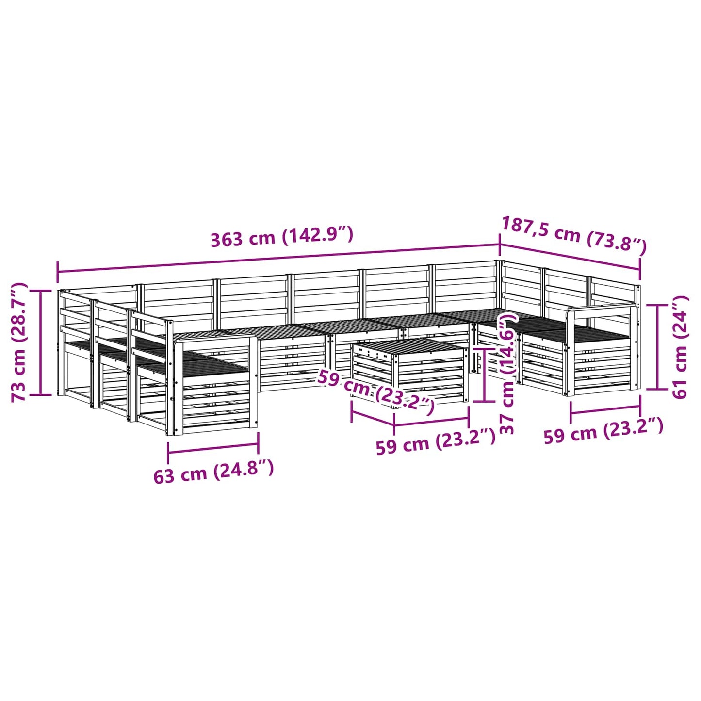 Outdoor Sofa Set 11 pcs White 59 x 59 x 37 cm Solid Acacia Wood