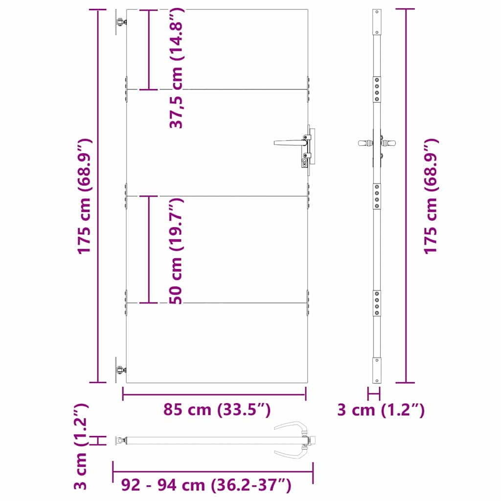 Garden Gate with Lock Black 85 x 175 cm Powder-coated steel
