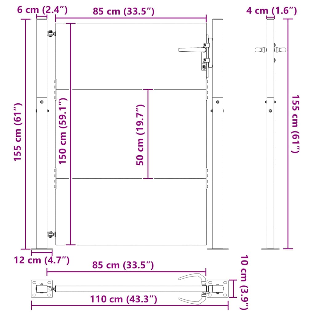 Garden Gate with Lock Black 110 x 155 cm Powder-Coated Steel