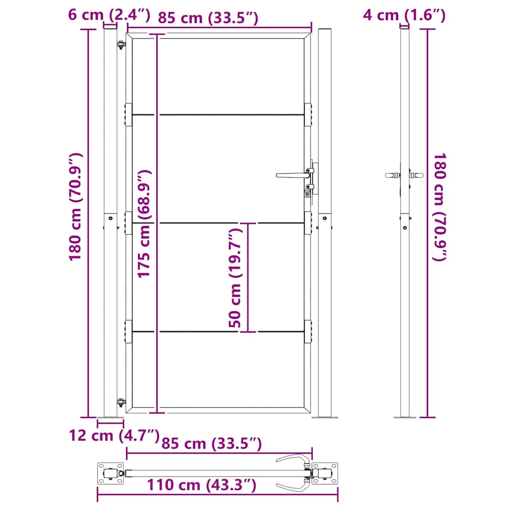 Garden Gate with Lock Black 110 x 180 cm Powder-Coated Steel