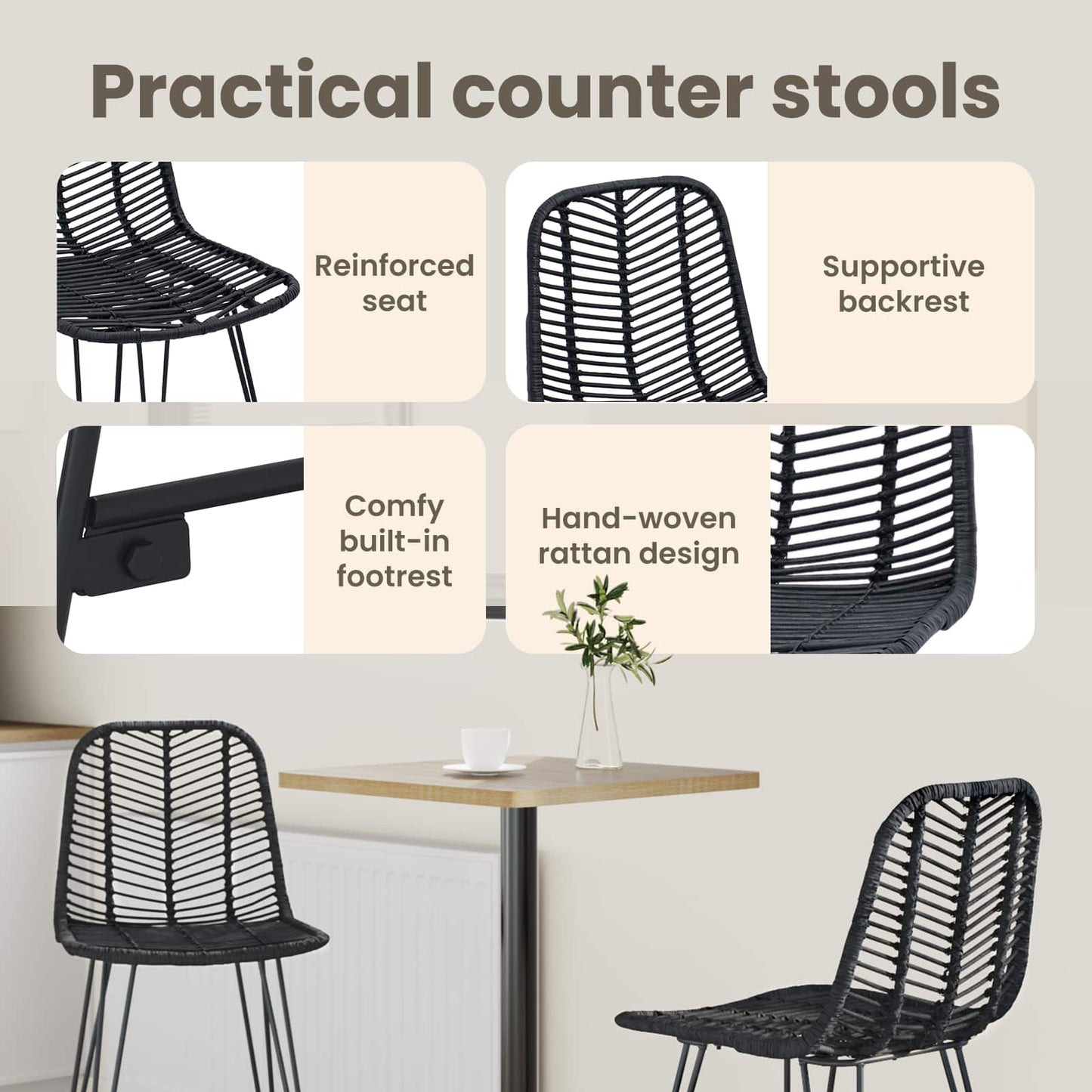 Bar Chair 2 pcs 44.5 x 54.5 x 97.5 cm Rattan and Iron