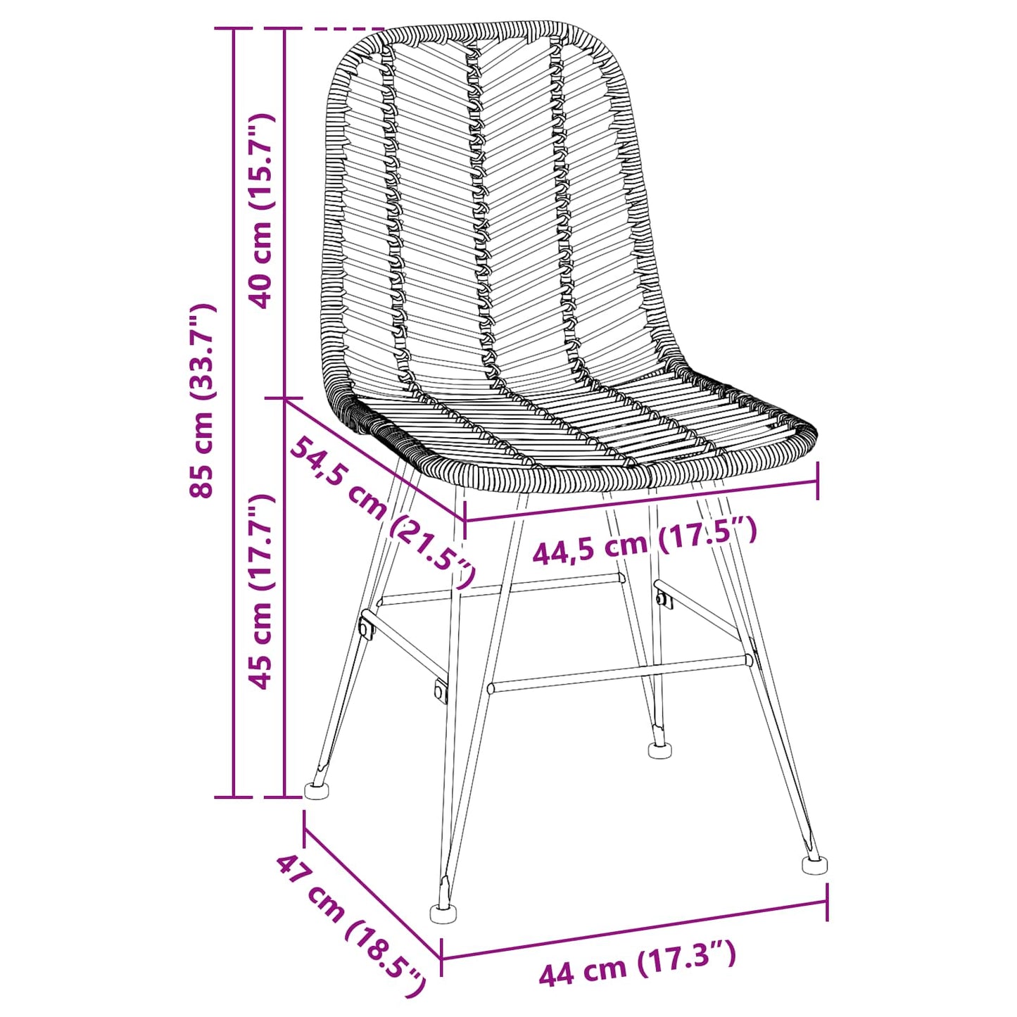 Dining Chair 2 pcs Rattan and Iron Natural 44.5 x 54.5 x 85 cm