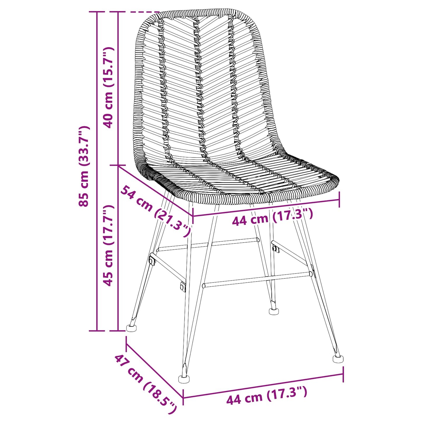 Dining Chair 2 pcs Rattan and Iron Black 44.5 x 54.5 x 85 cm