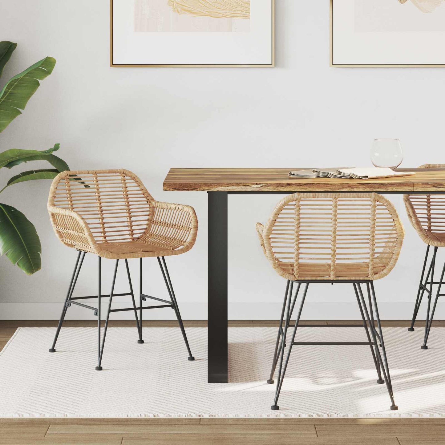 Dining Chair 2 pcs Rattan and Iron Natural 55 x 50 x 74 cm