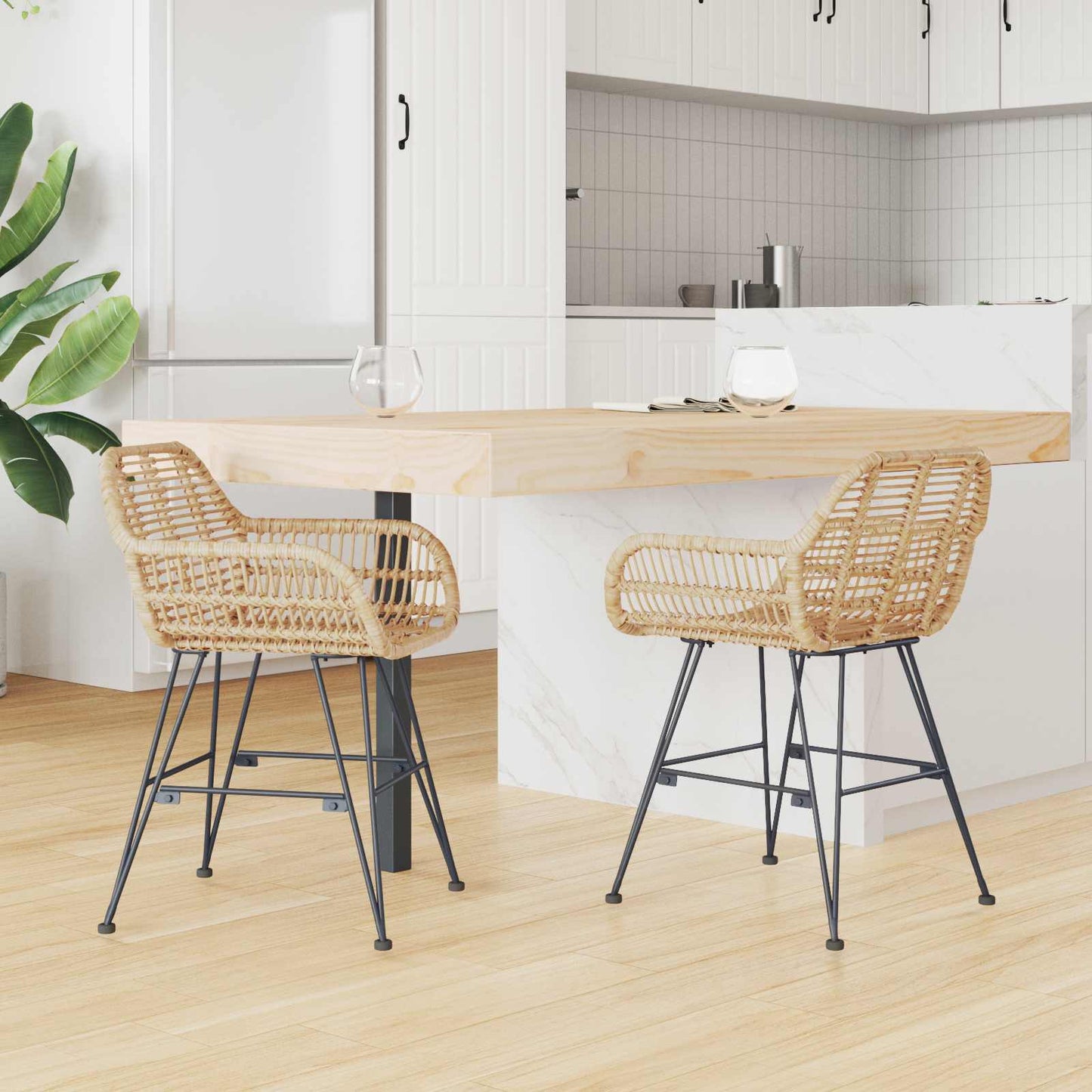 Dining Chair 2 pcs Rattan and Iron Natural 55 x 50 x 74 cm