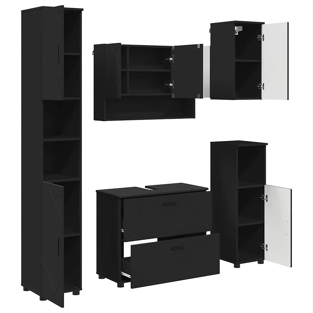 Bathroom Furniture Set 5 pcs Black Engineered Wood and Metal