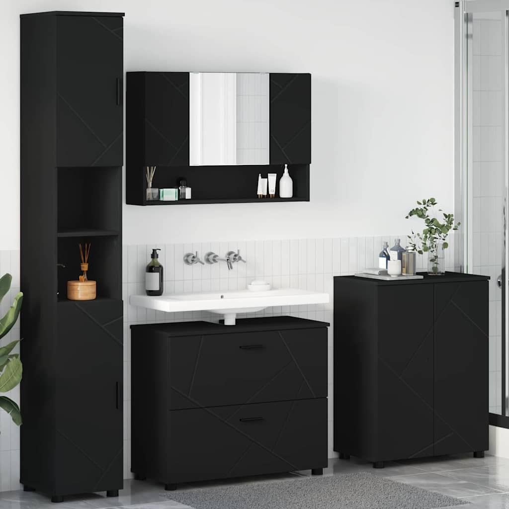 Bathroom Furniture Set 4 pcs Black Engineered Wood and Metal