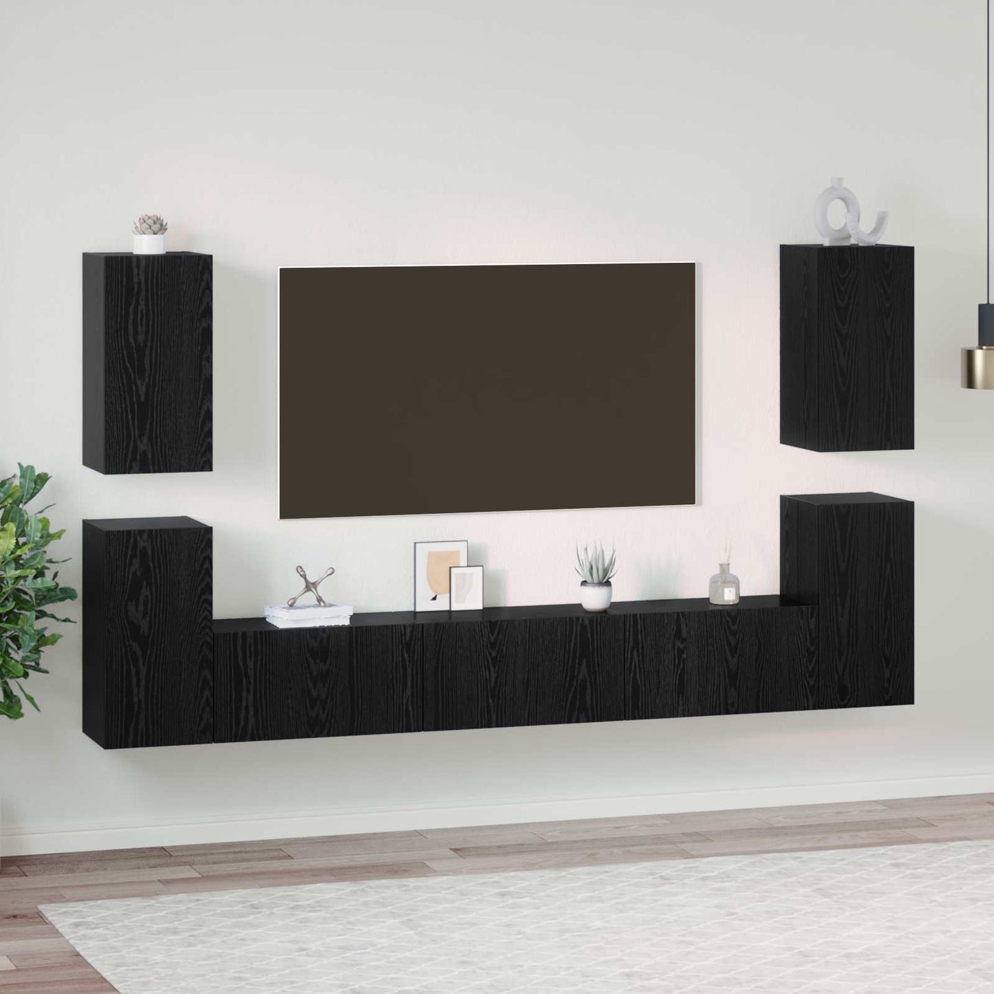 TV Cabinet Set Wall-mounted Black Oak Engineered Wood