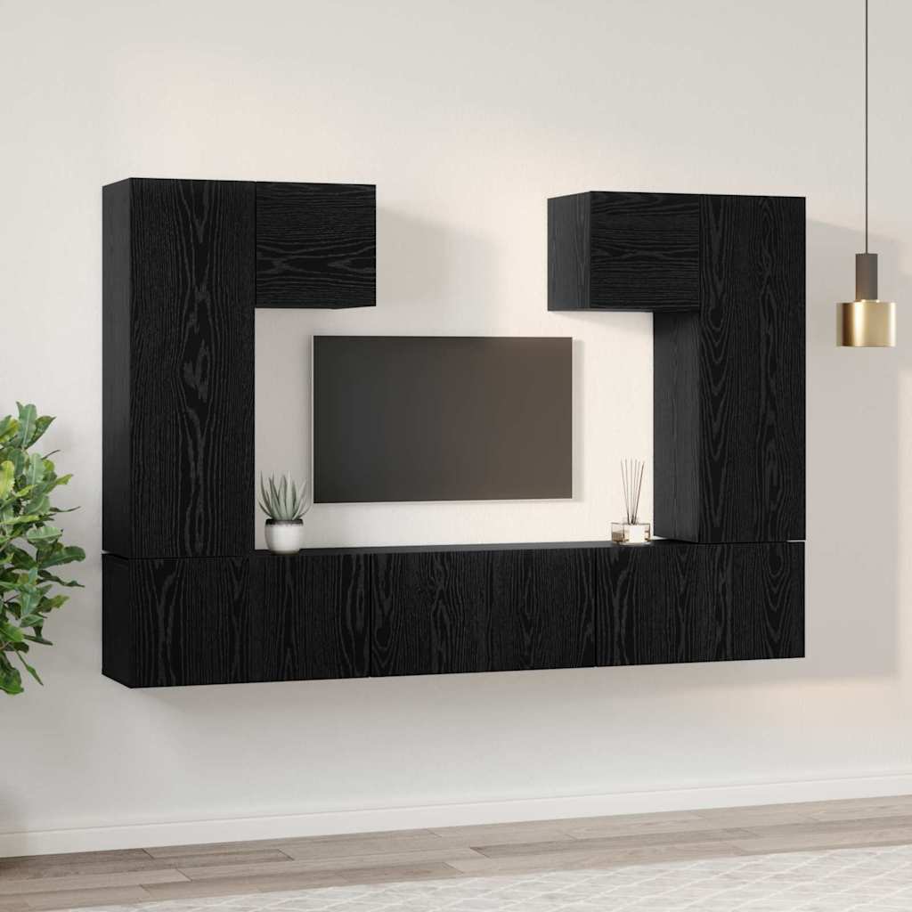 TV Cabinet Set Wall-mounted 7 pcs Black Oak Engineered Wood