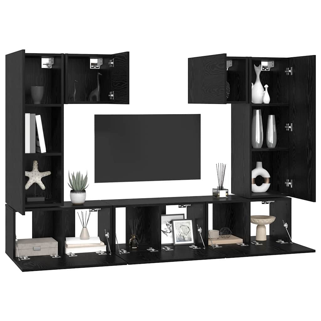 TV Cabinet Set Wall-mounted 7 pcs Black Oak Engineered Wood