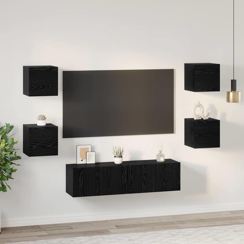 TV Cabinet Set Wall-mounted 6 pcs Black Oak Engineered Wood