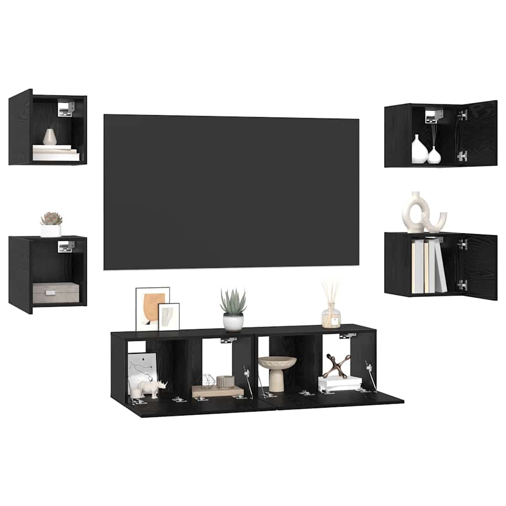 TV Cabinet Set Wall-mounted 6 pcs Black Oak Engineered Wood