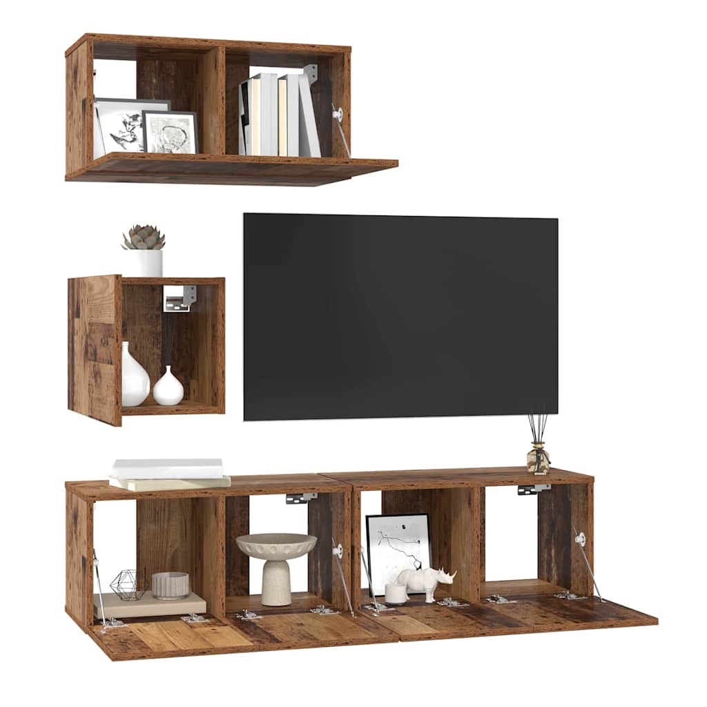 TV Cabinet Set Wall-mounted 4 pcs Old Wood Engineered Wood