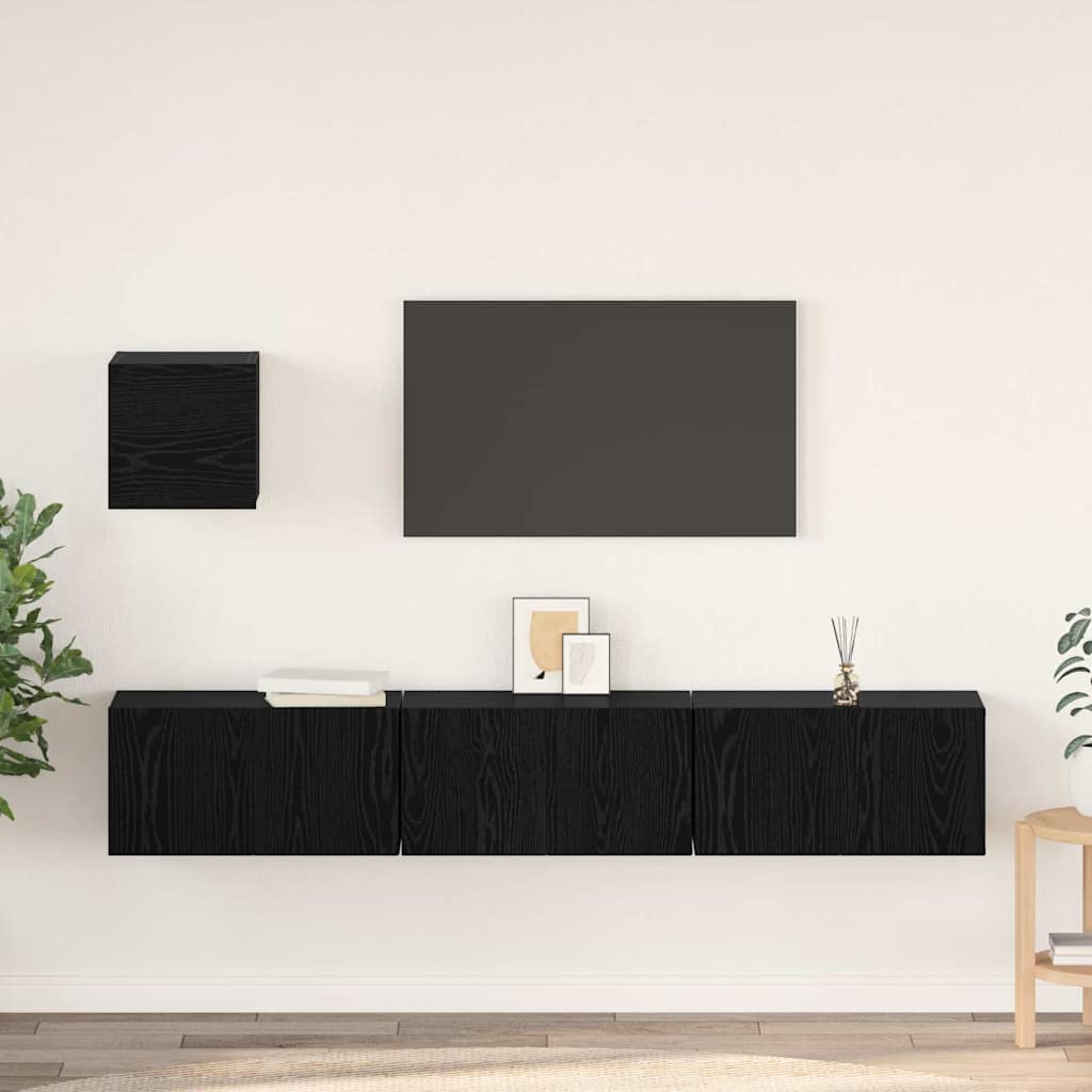 TV Cabinet Set Wall-mounted 4 pcs Black Oak Engineered Wood
