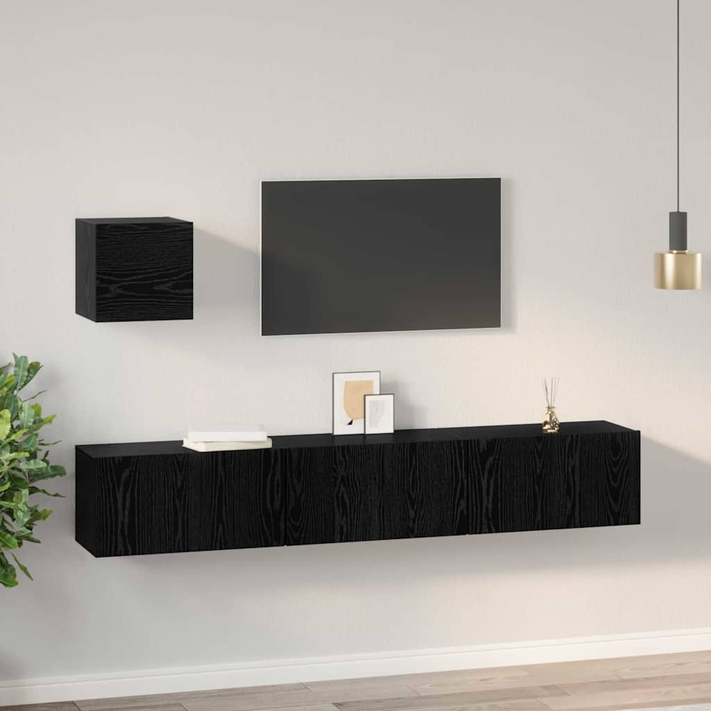 TV Cabinet Set Wall-mounted 4 pcs Black Oak Engineered Wood
