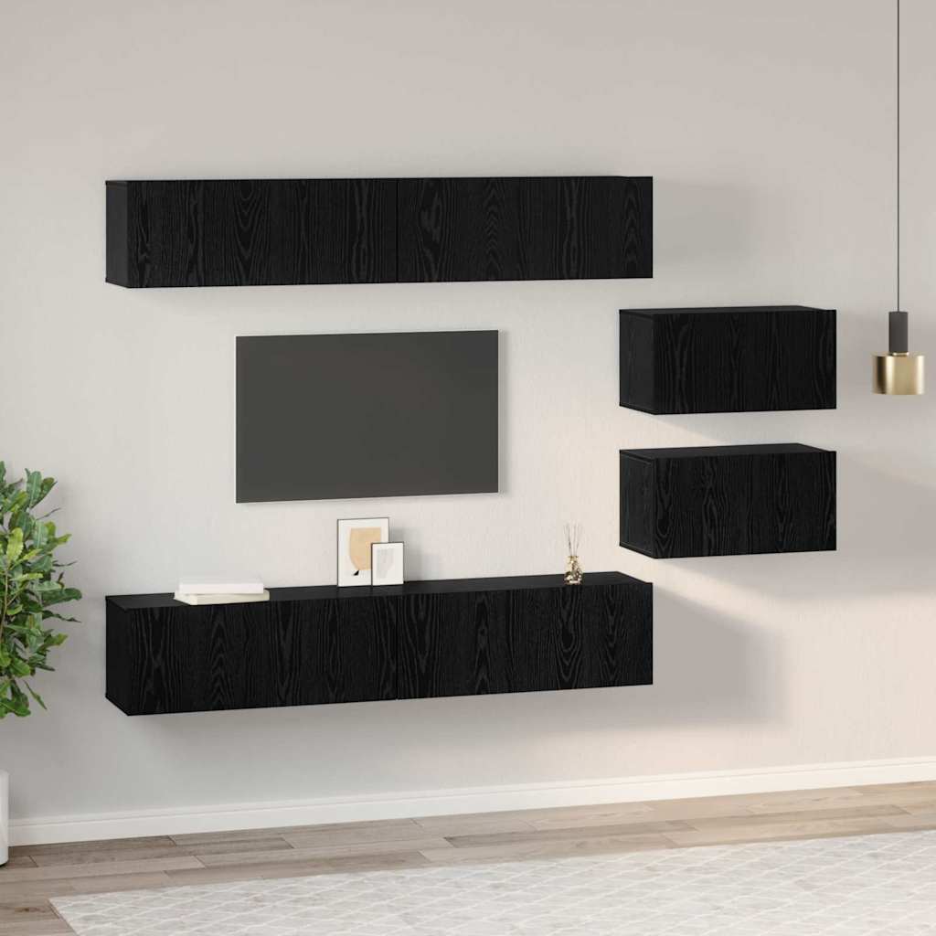 TV Cabinet Set Wall-mounted 6 pcs Black Oak Engineered Wood
