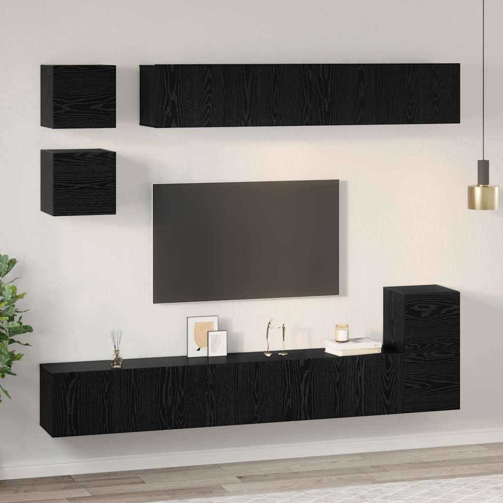 TV Cabinet Set Wall-mounted 8 pcs Black Oak Engineered Wood