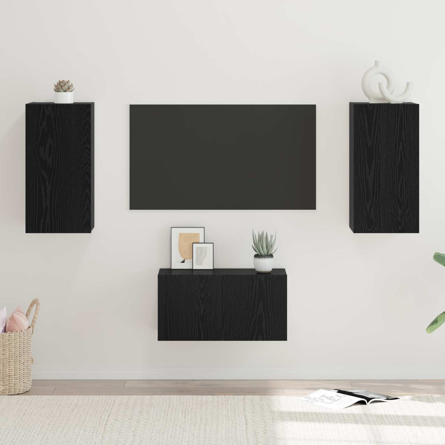 TV Cabinet Set Wall-mounted 3 pcs Black Oak Engineered Wood