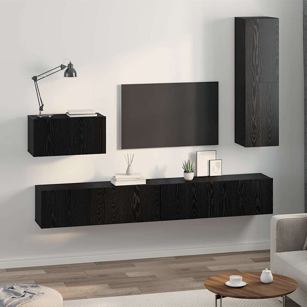 Wall TV Cabinet Wall-mounted 4 pcs Black Oak Engineered Wood