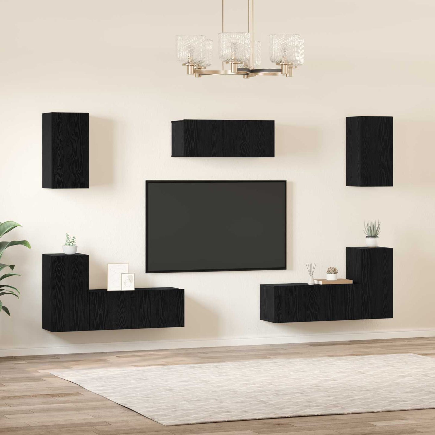 TV Cabinet Set Wall-mounted 7 pcs Black Oak Engineered Wood