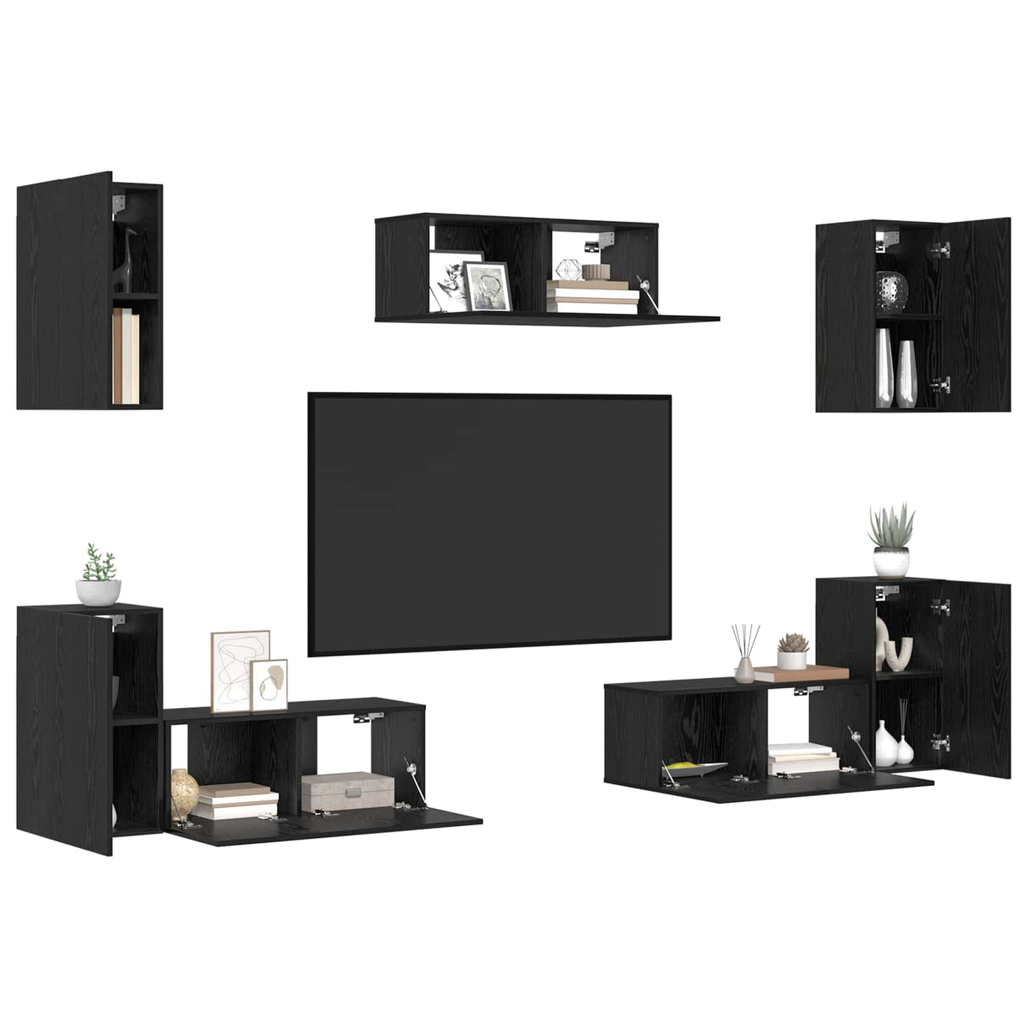 TV Cabinet Set Wall-mounted 7 pcs Black Oak Engineered Wood