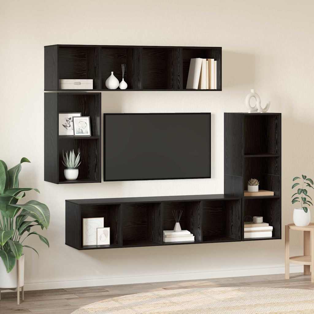 TV Cabinet Set Wall-mounted 4 pcs Black Oak Engineered Wood