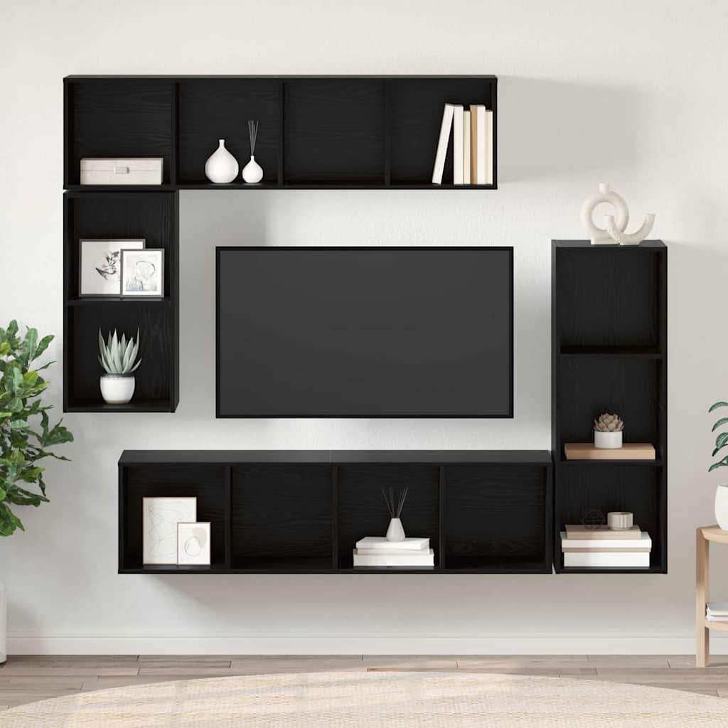TV Cabinet Set Wall-mounted 4 pcs Black Oak Engineered Wood