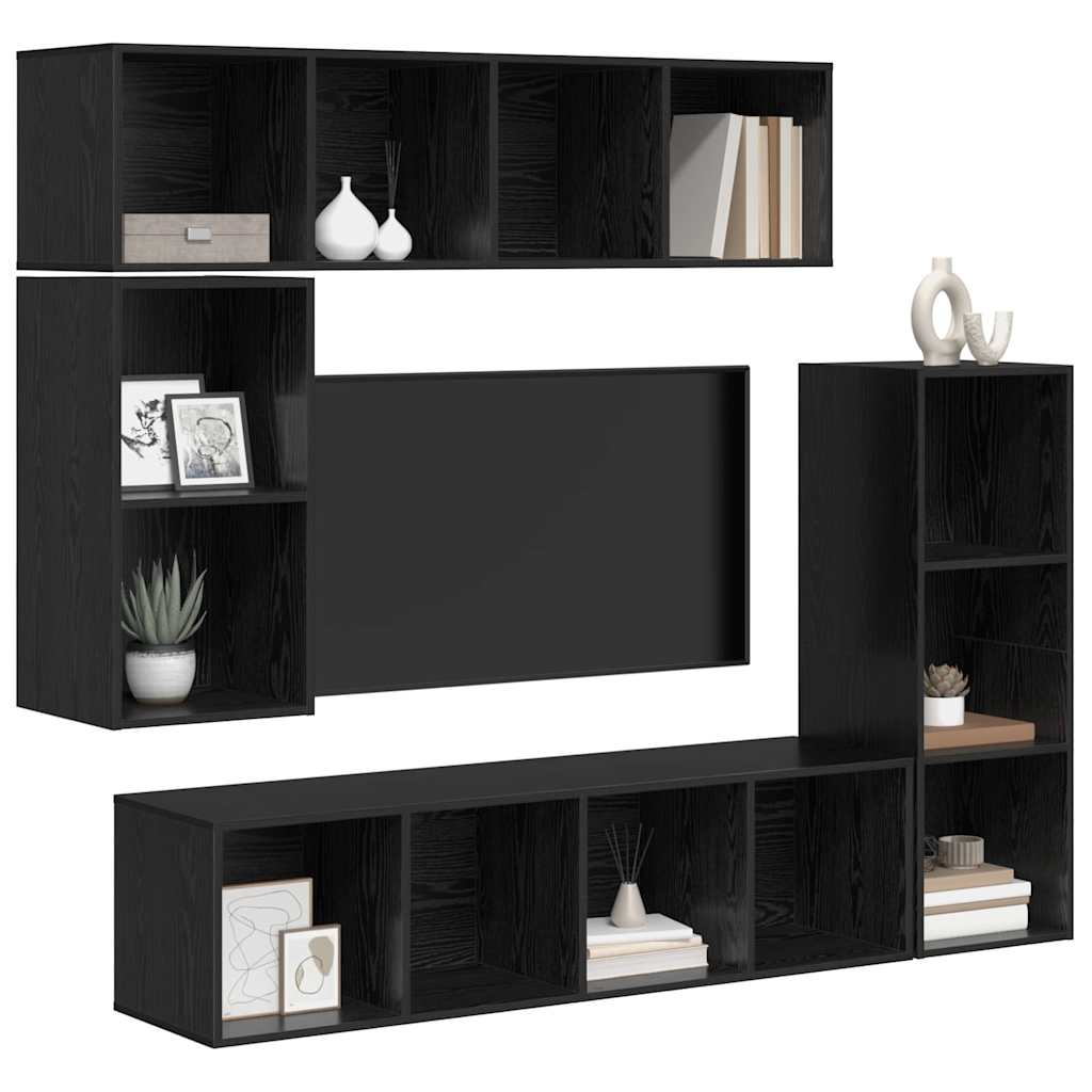 TV Cabinet Set Wall-mounted 4 pcs Black Oak Engineered Wood