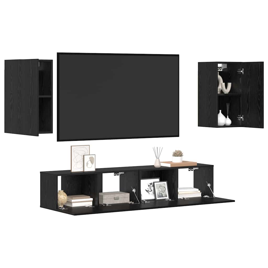 TV Cabinet Set Wall-mounted 4 pcs Black Oak Engineered Wood