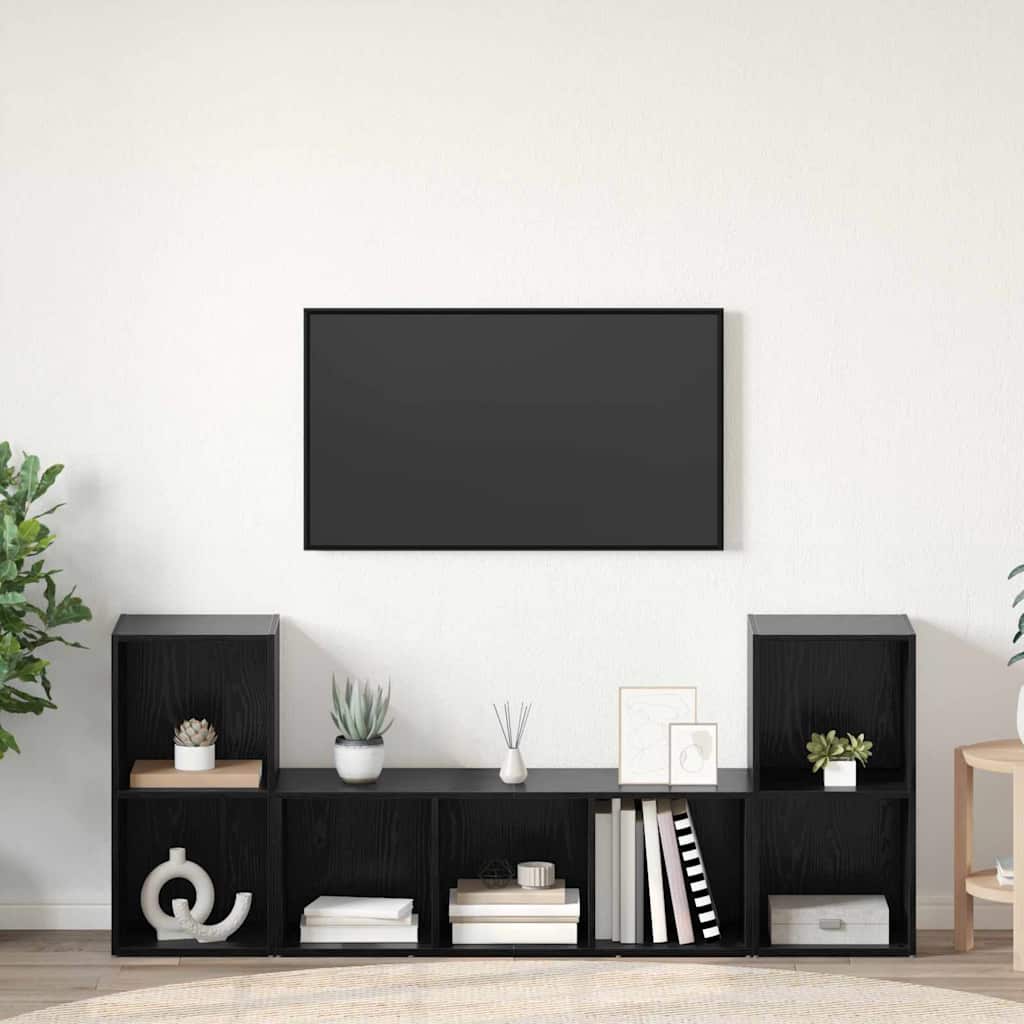 TV Cabinet Set Wall-mounted 3 pcs Black Engineered Wood