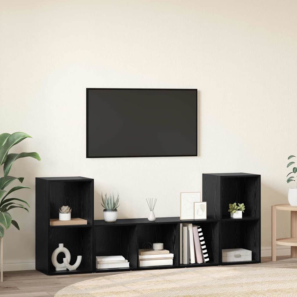 TV Cabinet Set Wall-mounted 3 pcs Black Engineered Wood