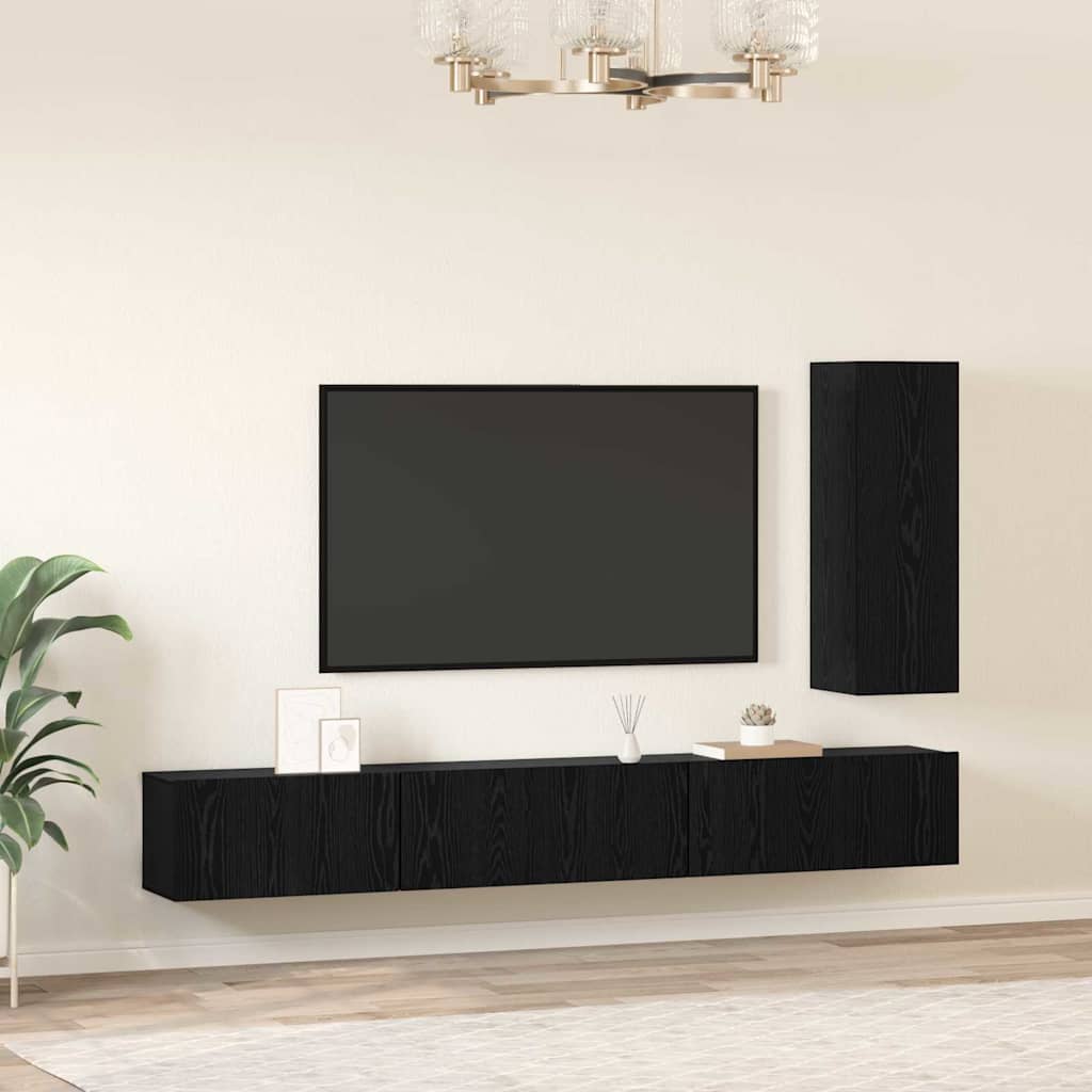 TV Cabinet Set with Drawer 4 pcs Black Oak Engineered Wood