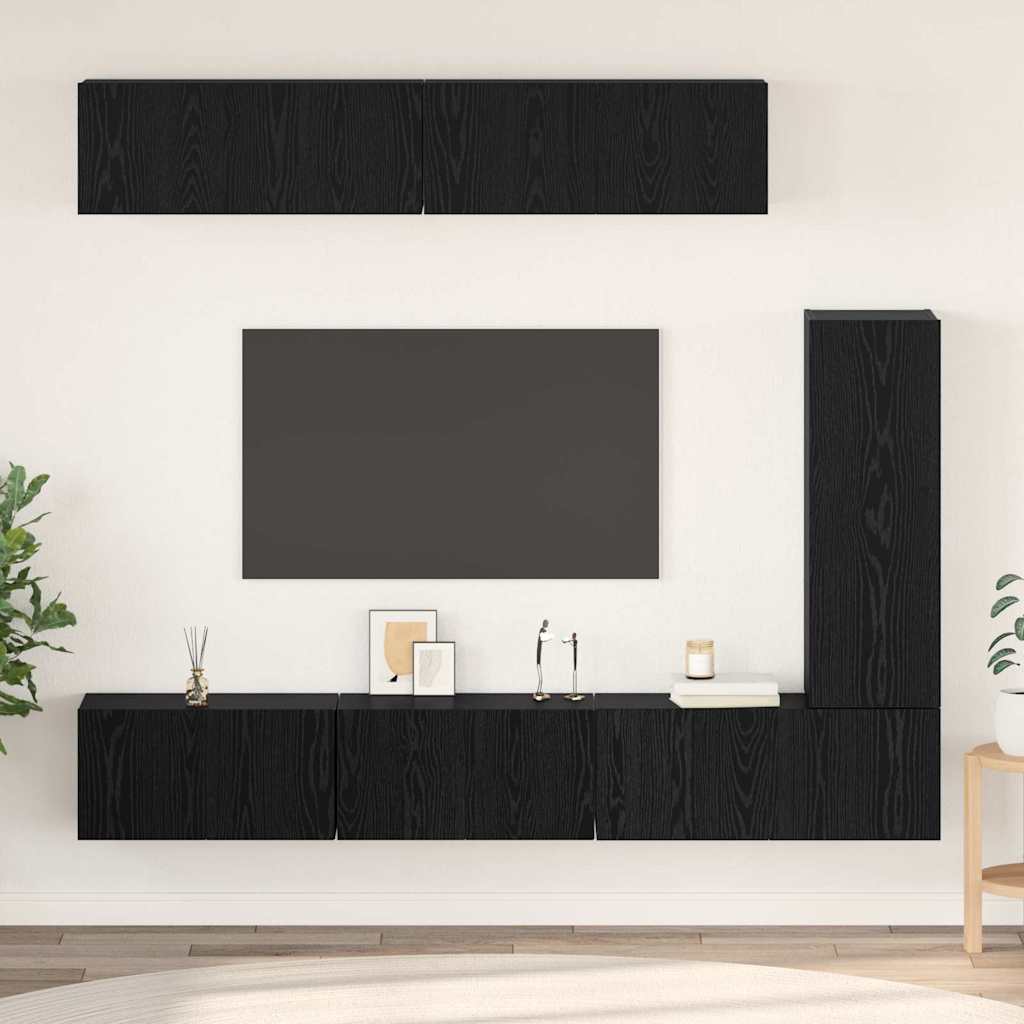 TV Cabinet Set Wall-mounted 6 pcs Black Oak Engineered Wood