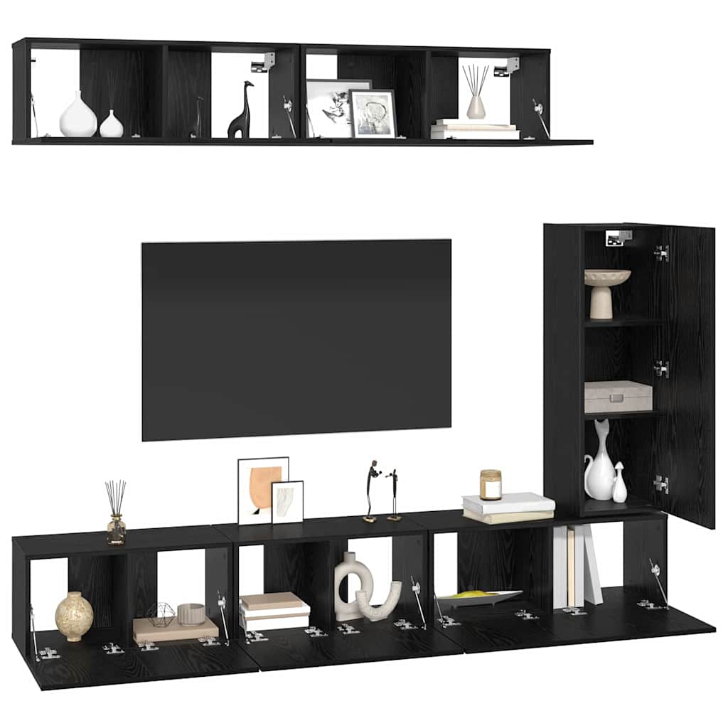TV Cabinet Set Wall-mounted 6 pcs Black Oak Engineered Wood