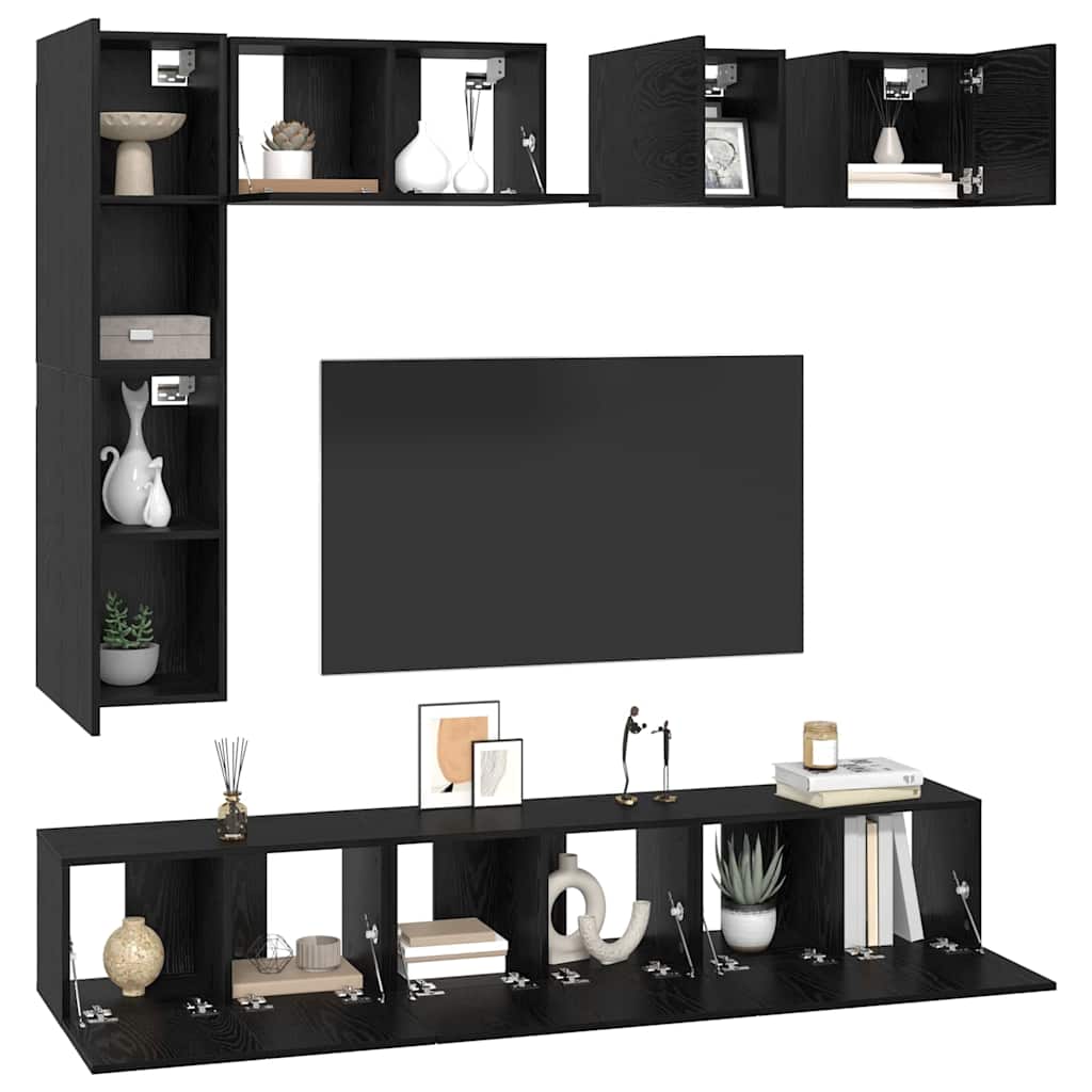 TV Cabinet Set Wall-mounted 8 pcs Black Oak Engineered Wood